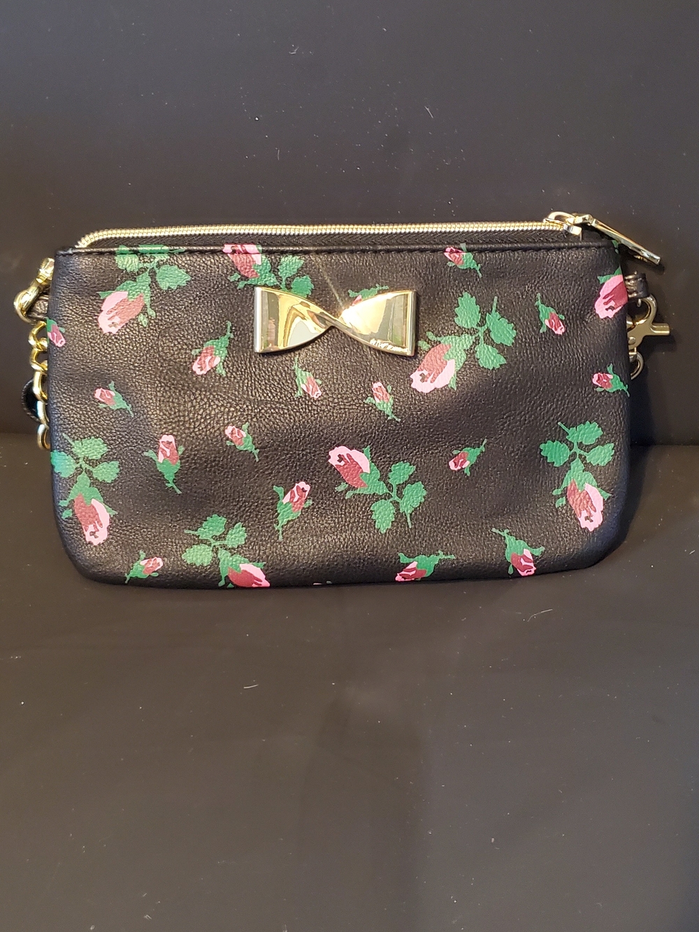 Black Floral Bow Accent Wristlet